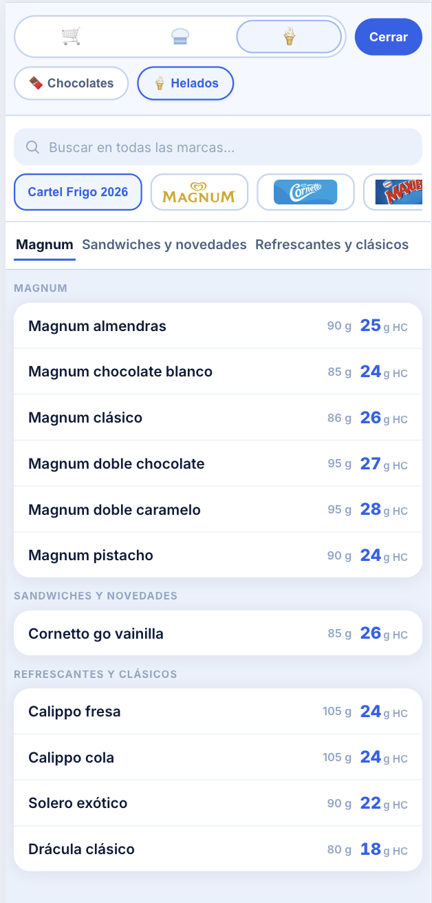 Comparando hidratos entre marcas de chocolates y helados