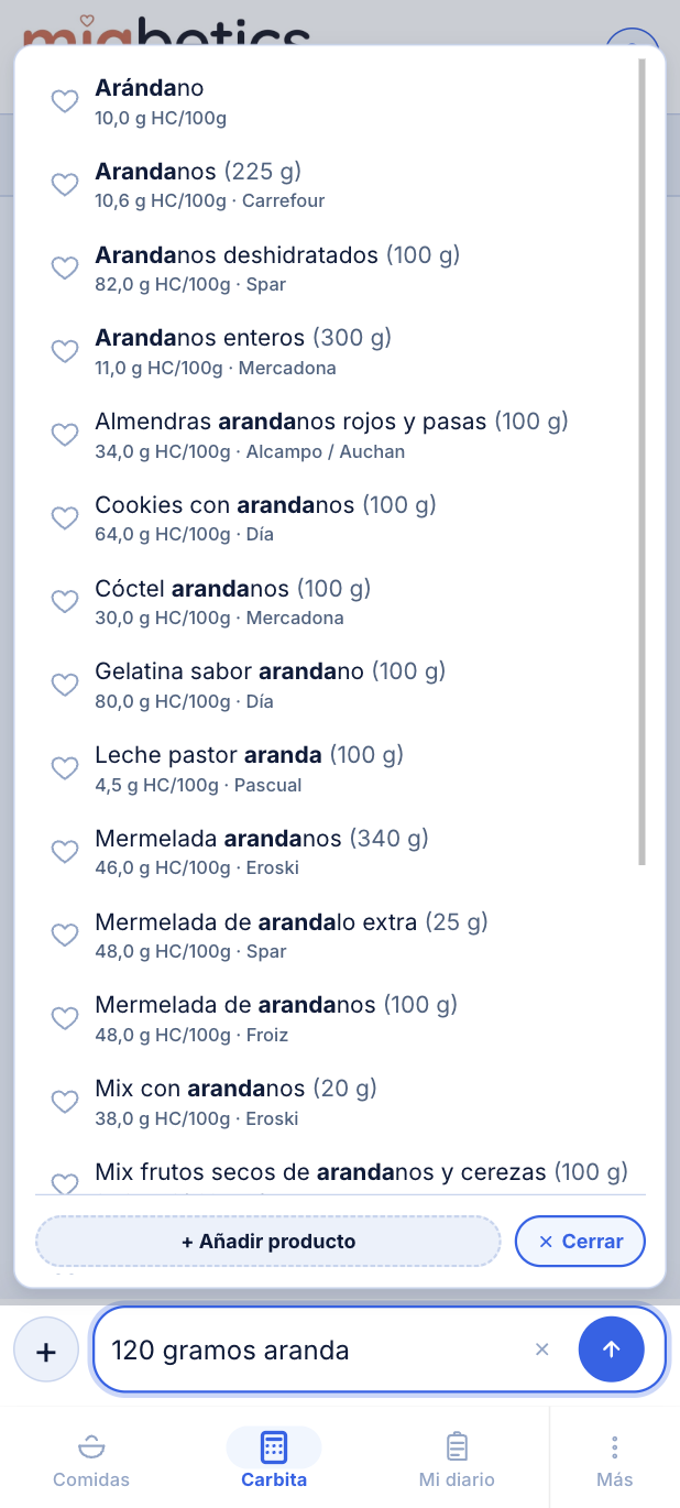 Resultados de búsqueda de un alimento en Carbita