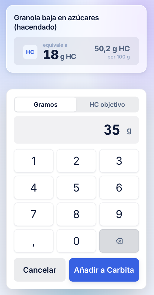 Calculadora para indicar gramos o hidratos objetivo