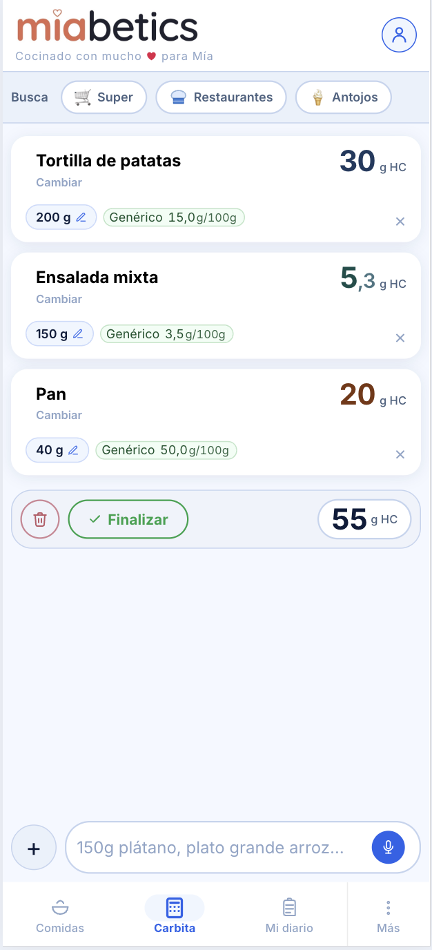 Lista de alimentos con el total de hidratos calculado